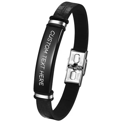 Personalized Religious Christ Cross Leather Bracelet Mens Women ID Tag Wristband - Image 1 of 4
