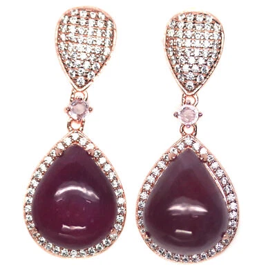 Heated 11 X 14 mm. Red Ruby & Cubic-Zirconia Earrings Silver 925 Sterling - Image 1 of 4