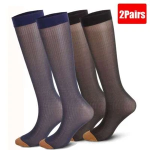 2 Pairs Mens Ultra Thin Dress Socks Silk Sheer Business Striped Socks Work US - Picture 1 of 13