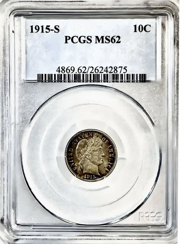 1915-s Barber Dime PCGS, OCH, MS-62, Numismatics Rarity 6.2, Tough In MS Cover