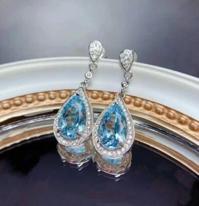4.50Ct Pear Cut Aquamarine Diamond Drop & Dangle Earrings 14K White Gold Finish - Picture 1 of 7