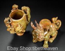 10" Old Chinese Hetian Jade Craving Fengshui Dragon Pixiu Beast Cup Glass Mug