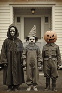 CREEPY VINTAGE CHILDREN IN HALLOWEEN COSTUMES CLOWN 1930s 4X6 FANTASY PHOTO - Picture 1 of 1