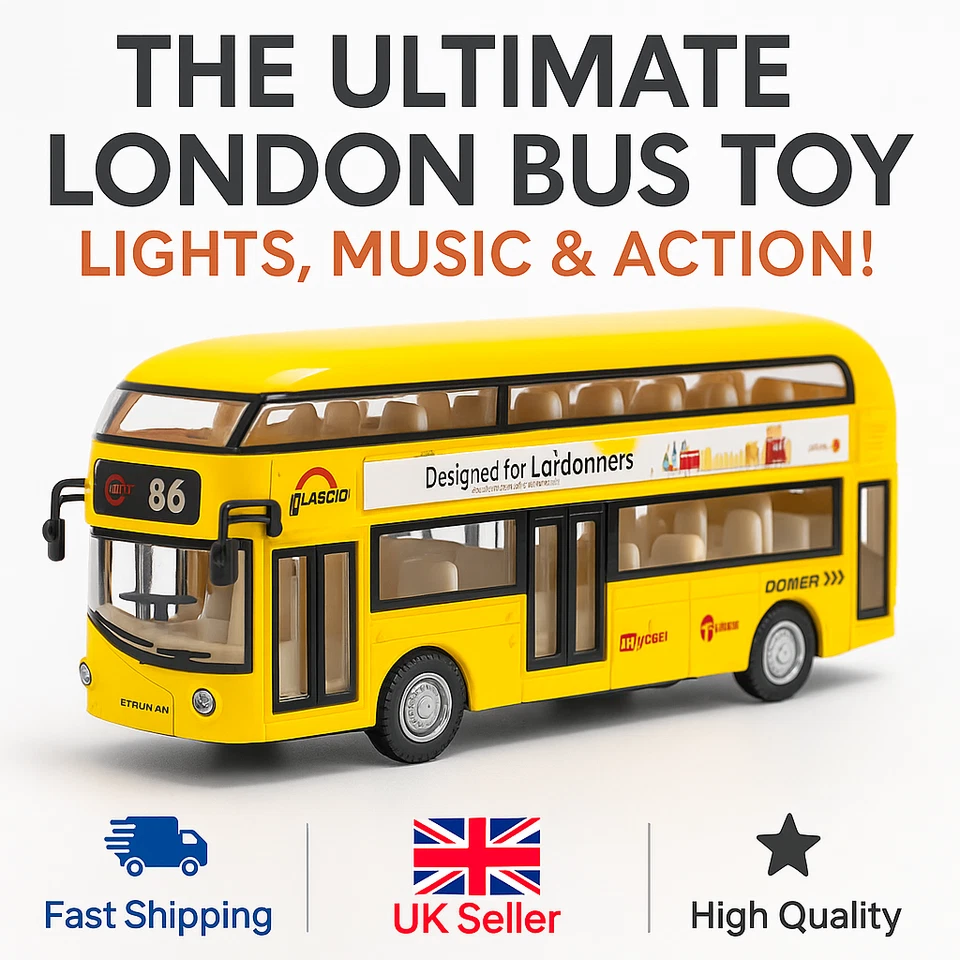 London Yellow Bus Pull Back & Go brinquedo infantil metal fundido com música e luz - Imagem 1 de 1