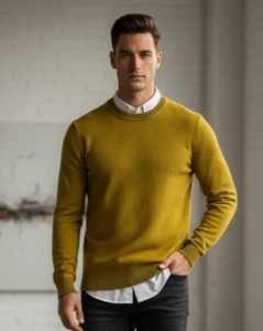 HUGO BOSS orange XL Men's Merino Wool Blend Yellow Sweater Jumper Pullover knit - Picture 1 of 17