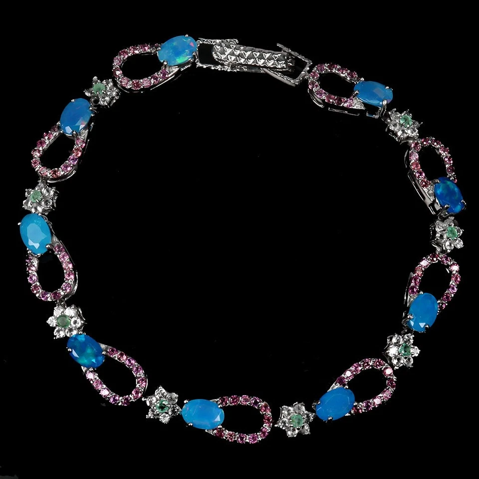 925 Sterling Silber Armband Oval Blau Opal 6x4mm Smaragd Edelstein Schmuck - Bild 1 von 4