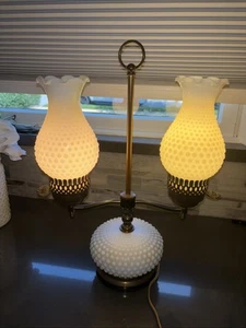 3 Light Double  Student Brass Table Lamp Milk Glass Shades Hob Nob Brass Base - Picture 1 of 4