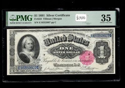 1891 Martha Silver Certificate One Dollar Bill E16352607 PMG 35 FR 223 - Image 1 of 2