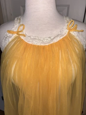 Vintage sexy Nightgown Womens small orange Sheer Nylon Lace Trim mod 60s - Image 1 of 3