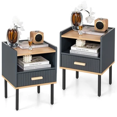 2 PCS Nightstand Side End Table with Drawer & Open Shelf for Living Room Bedroom - Image 1 of 4
