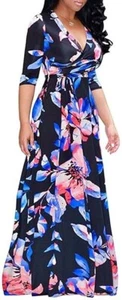 Locryz Women's 3/4 Sleeve Loose Fit V-Neck Wrap Floral Belted Maxi Dress, M - Picture 1 of 11