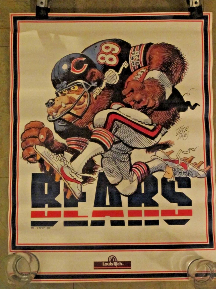 Винтажный иллюстрированный мультяшный плакат 1988 Chicago Bears J. Davis Louis Rich - Изображение 1 из 2