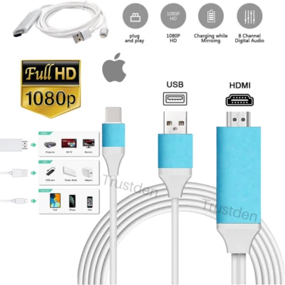 HDMI Mirroring Cable Phone to AV TV HDTV Adapter For iPhone 13 12 11 XS XR 8 7 6 - Image 1 of 4