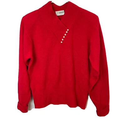 Suéter rojo grande vintage de lana de cordero angora para mujer L cuello en V botones hilos CC Foto 1 de 4