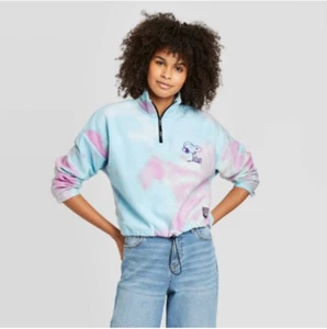 Junior's Peanuts Tie-Dye 1/4 Zip Fleece Sweatshirt - Blue - Various Sizes - C459 - Picture 1 of 2