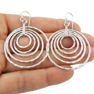 Large 925 Sterling Silver Circle Earrings Hammered Ladies Round Drops Gift Boxed - Picture 1 of 5