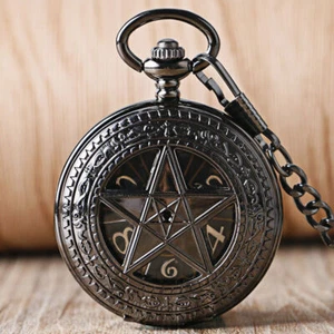 Black Steampunk Unisex Mechanical Pentagram Case Pocket Watch FOB Pendant Chain - Picture 1 of 10