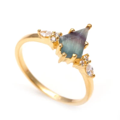Natural Rainbow Fluorite Boho Ring Solid Silver Gold Plated Jewelry Wedding Gift - Image 1 of 4
