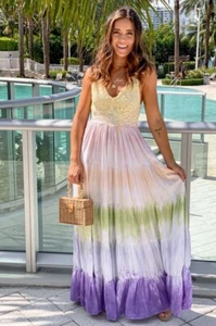 Main Split Faded Rainbow Tie Dyed Maxi Dress W/ Crochet Top Adj Straps Sz S - Picture 1 of 22