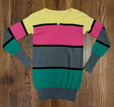 100% кашемир v-образным вырезом туника свитер Sz S/M цветной радуги серый полоски без этикетки - Изображение 1 из 4