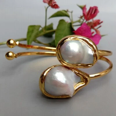 Brazalete Brazalete Chapado en Oro Perla Barroca Blanca Cultivada Foto 1 de 4