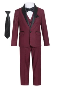 Magen Kids Boys SLIM FIT Tuxedo Bridal 7 Pcs Set Suit S1-18 Burgundy 2 Button  - Picture 1 of 5