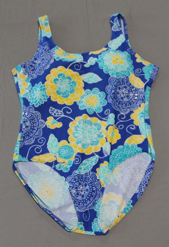 Traje de baño vintage Catalina de una pieza 3X 22/24 azul amarillo floral acolchado acanalado Foto 1 de 4