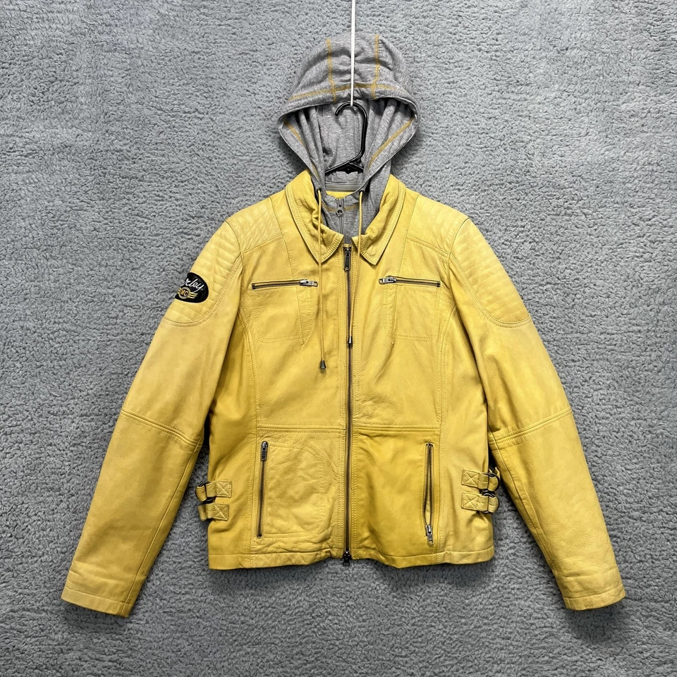 Harley-Davidson кожаная куртка женщин большой желтый молнии капюшон Moto Riding Gear - Изображение 1 из 4