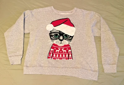 Hanes Women’s Large Christmas Cat Sweatshirt Santa Hat Glasses Gray Holiday Cute - Image 1 of 4