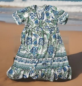 Fig & Flower Kleid Leinen Viskose Mischung blau grün Blumen Comfort Strand Gr. XL - Bild 1 von 9