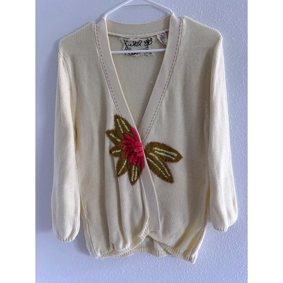 Field and Flower Cardigan Womens XL Yellow Floral Embroidery Teacher Grandma Art - Image 1 of 4