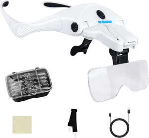Hands Free Headband Magnifying Glass - USB Charging with 4 LED Lights 5 Lenses - Picture 1 of 9