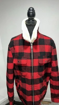 Forever 21 Mens  Black And Red Plaid Jacket with Faux Fur Collar Sz M - Image 1 of 4