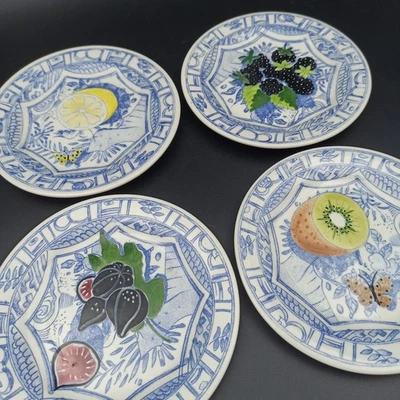 GIEN 4 ASSIETTES À MIGNARDISES OU PAIN EN FAÏENCE Modèle OISEAU BLEU Fruits Lot1 - Photo 1/4