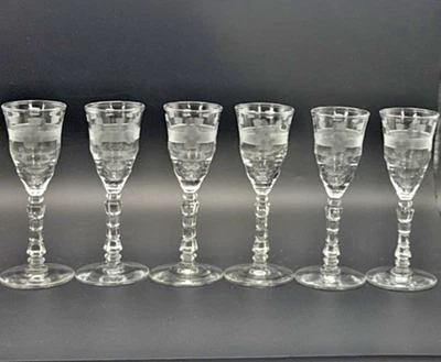 Rare VTG Libbey Rock Sharpe Clear Floral Etched Cordial Glasses 4.75"  set 6 Bar - Image 1 of 4