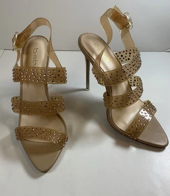 New Bebe Kathleen High Heel Sandal Rhinestone Clear Nude Pump women shoes sz 8 - image 1 of 4