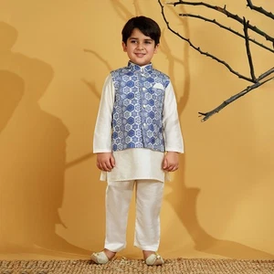 Blue Silk Blend Printed Full Sleeves Kurta Pyjama Waist Coat Set Boys Sherwani - Picture 1 of 10