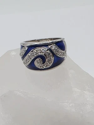Ross Simons Sterling silver metallic Blue Enamel cz swirl wide band ring Sz 6.75 - Image 1 of 4
