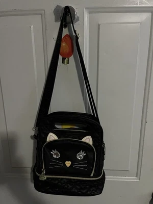 Bolso de Mano Betsey Johnson Negro Acolchado Gatito Gato Almuerzo Cartera Foto 1 de 4