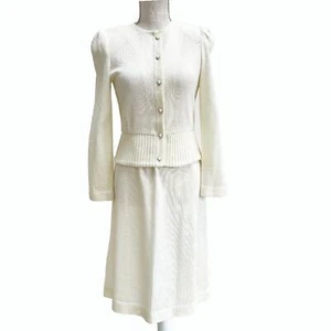 Vintage Leslie Fay Winter White Knit Matching Separates Suit | Pearl Buttons - Picture 1 of 16