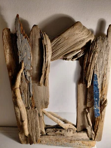Handcrafted Rustic Driftwood Wall Mirror, Weathered Gray with Various Blue Trim - Picture 1 of 9