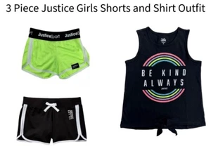 Justice Girls 3 Pc Shorts Tank Top Summer Active Wear Set  Outfit Sz L 12/14 NEW - Picture 1 of 4