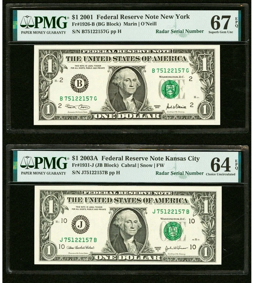 2 $1 2001 & 2003 Matching Radar Serial Numbers Federal Reserve Bank Note Bills - Image 1 of 4