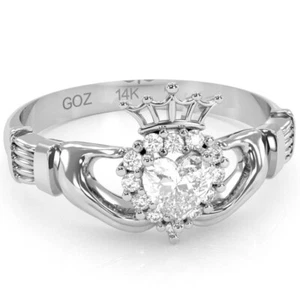 Claddagh White Topaz Diamond Ring In Solid 14k Gold - Picture 1 of 10