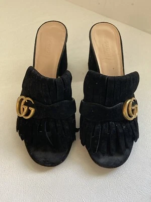 Gucci Black Suede GG Marmont Fringed Slide Sandals Size 38 - Image 1 of 4