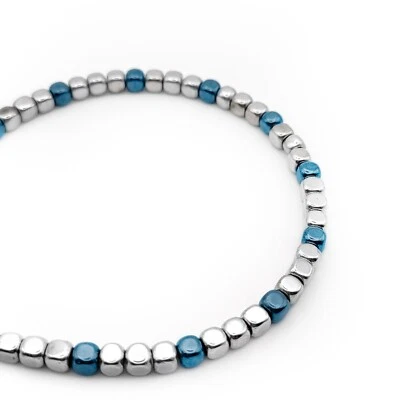 Bracciale da Uomo Pietre Dure Cubi Ematite Argento Blu Braccialetto in Acciaio - Immagine 1 di 4