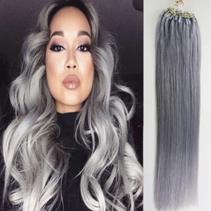 16'' 1G Grey Double Drawn Micro Beads Ring Loop Human Remy Hair Extensions - Picture 1 of 6