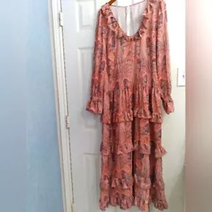 Romantic Boho Maxi Dress Dusty Pink Floral Print Tiered Ruffle Long Sleeve - Picture 1 of 4