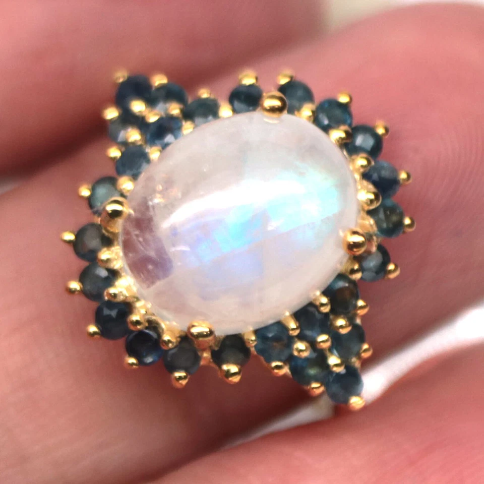 925 Sterling Silver 10 x 12 mm. White Moonstone & Blue Sapphire Ring Size 6.75 - Image 1 of 1