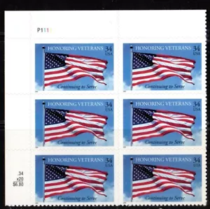 US Stamps: 2001 MNH Pl# Blk of 6 of the 34c Veterans stamp, #3508 - Picture 1 of 1
